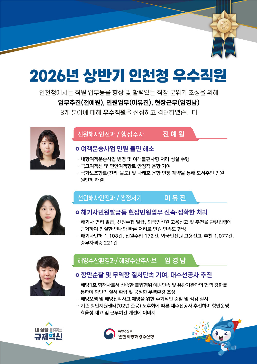 인천청 2026년 상반기 우수직원 선정