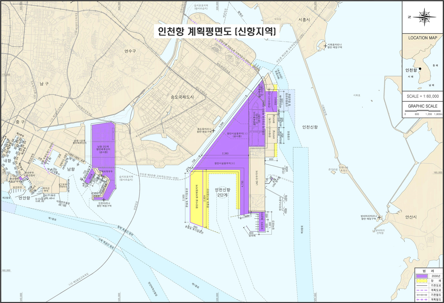 인천항 계획평면도 [신항지역] 상세 도면. - 주요 행정구역 및 지역: 남구, 중구, 연수구, 송도국제도시, 시흥시, 안산시[cite: 9] - 주요 항만 및 시설: 내항, 연안항, 남항, 인천신항 및 인천신항 2단계, LNG 인수기지, 항만시설용지[cite: 9] - 지도 정보: 축척 1:60,000, 방위표, 위치도 - 범례: 2030년, 장래, 기존 및 계획 도로와 철도 구분 표기